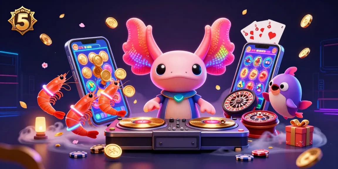 Join the vibrant world of keo nha cai 5 with a neon axolotl DJ and lively marine characters celebrating casino excitement.