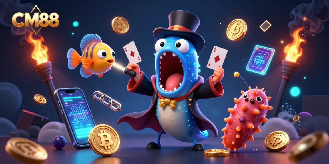 Experience the magic of CM88 with a bioluminescent eel performing card tricks in a vibrant underwater casino scene.