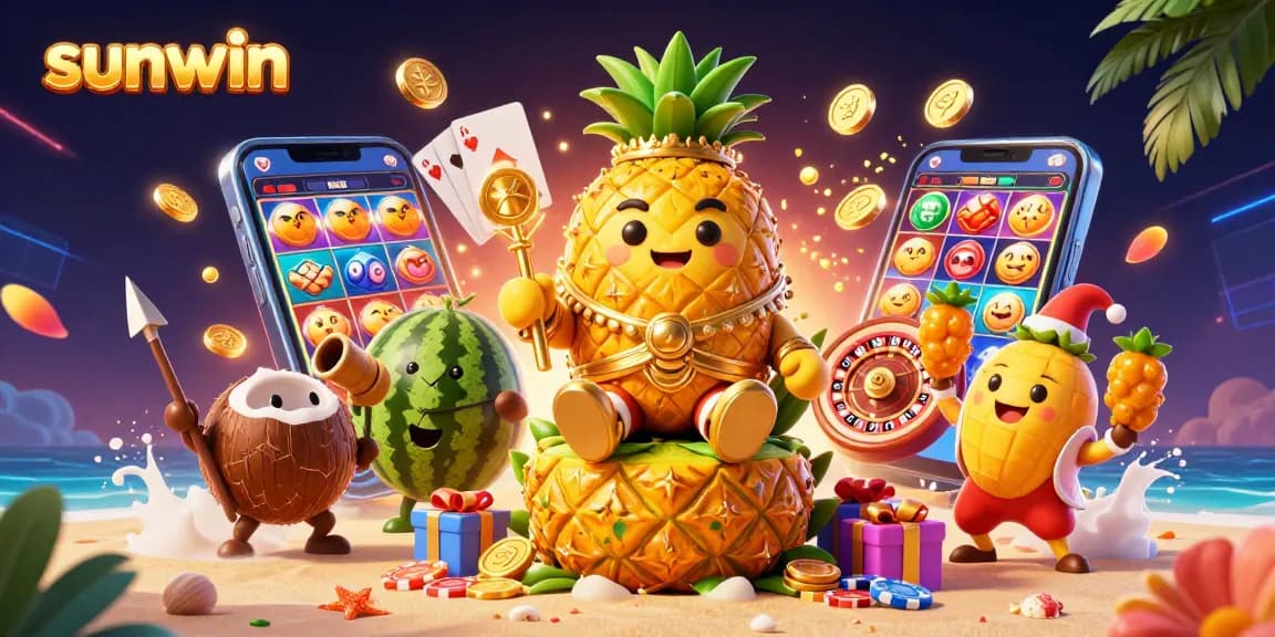 Engage in thrilling gameplay at sunwin with the golden pineapple king amidst vibrant casino elements.