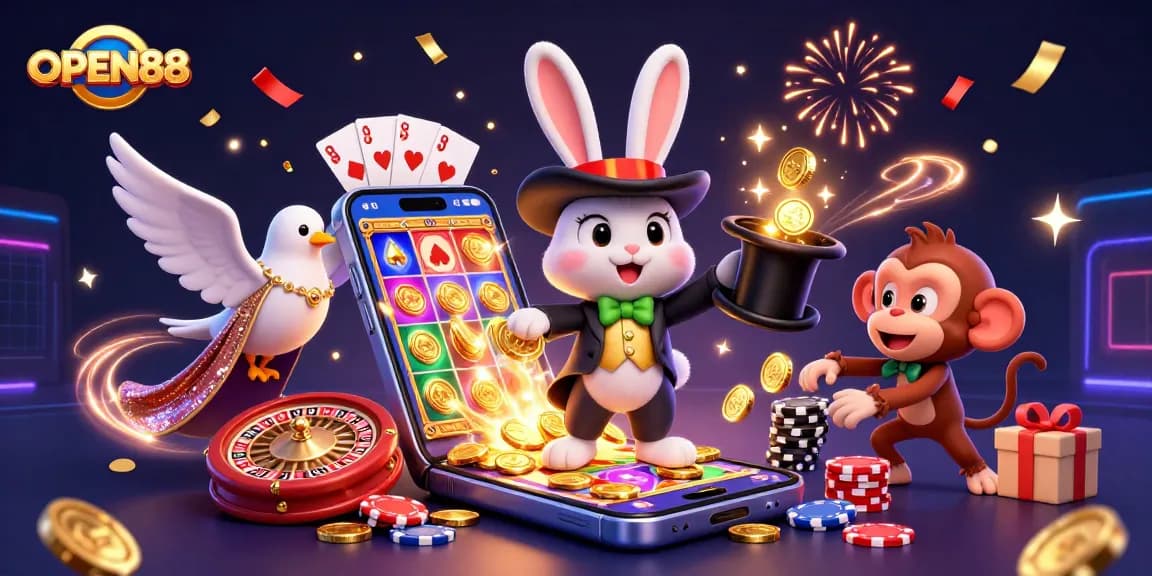 Experience the excitement of OPEN88 with a magical illustration of a rabbit, chips, and coins in a casino scene.