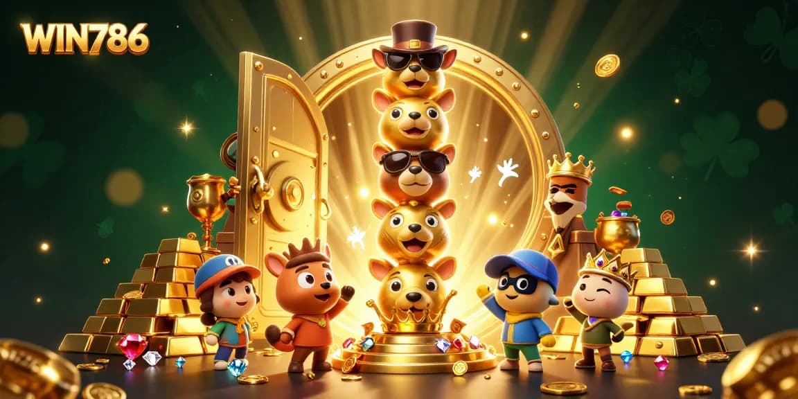 WIN786's vibrant totem pole illustration showcases casino accessories and golden treasures, inviting players to explore.