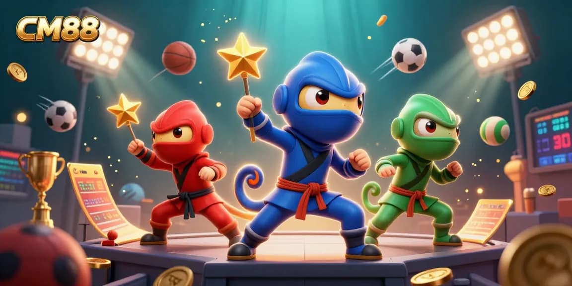 Engage in excitement at CM88, featuring ninja chameleons amidst vibrant 3D sports elements and dynamic action.