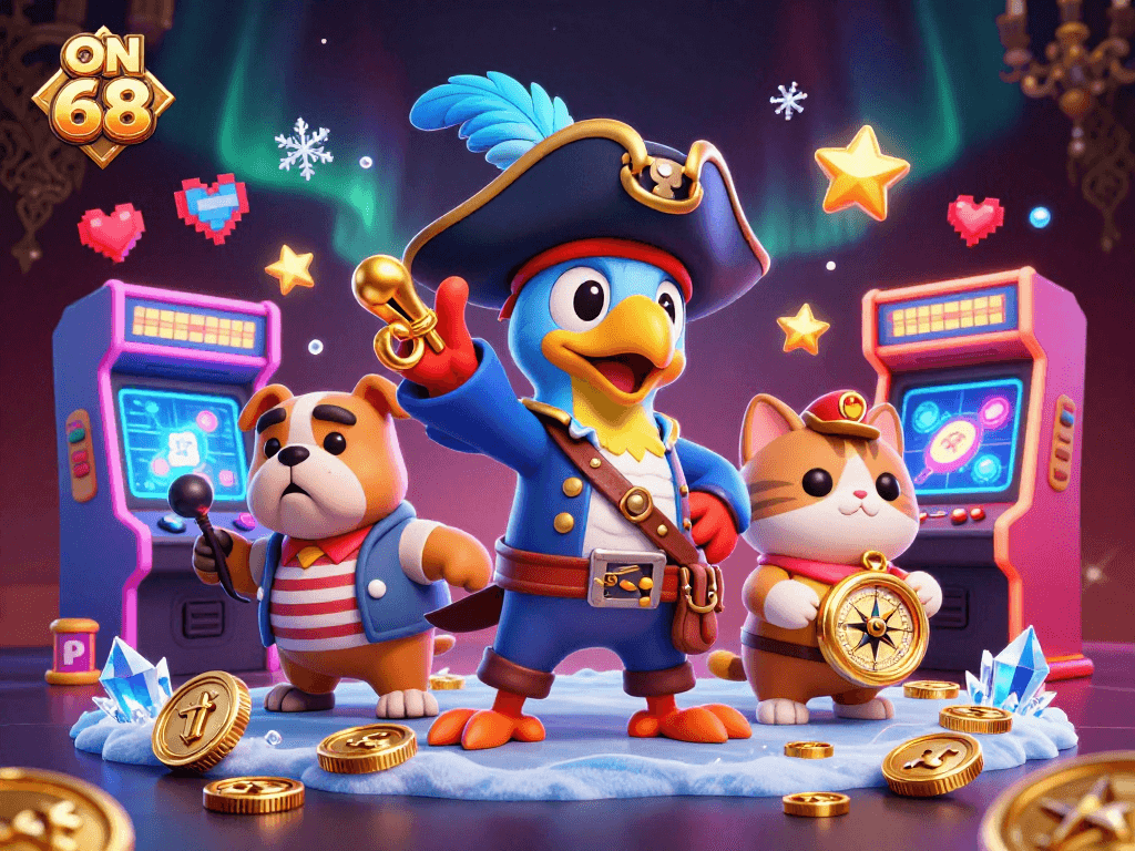 Engage with ON 68 in a vibrant casino adventure led by a cartoon pirate captain.