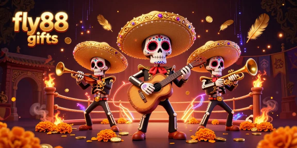Experience fly88 gifts with a vibrant 3D illustration of a Day of the Dead mariachi band amidst golden casino elements.