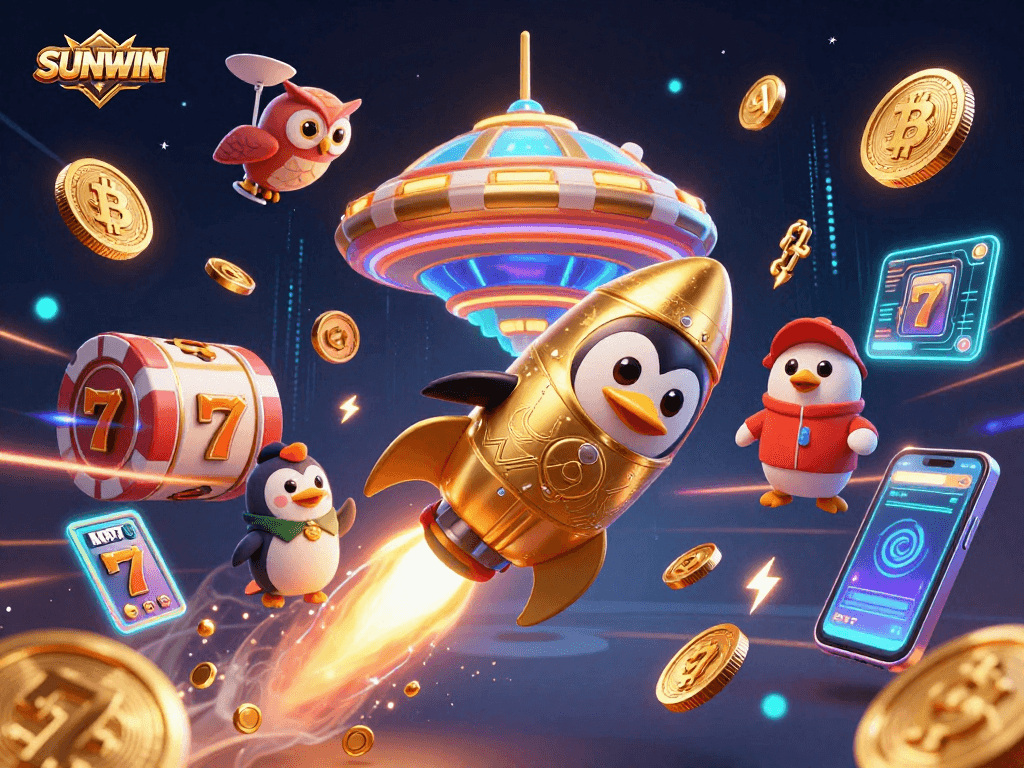 Experience the excitement of SUNWIN as a golden penguin ventures through a cosmic casino.
