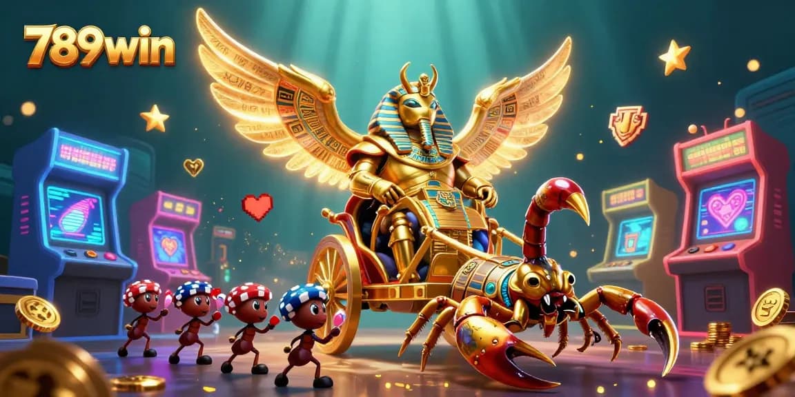 Experience thrilling gameplay at 789win with a vibrant casino scene featuring a golden scarab and gaming elements.