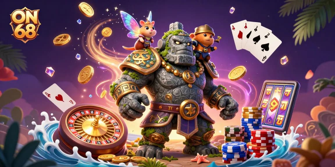 Experience the thrill of ON 68 with a magical 3D casino scene featuring fairy magic and golden treasures.