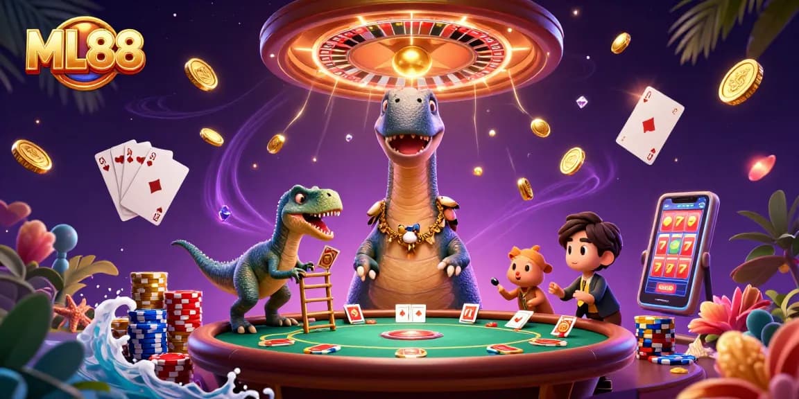 Experience the thrill of ML88 with a vibrant casino scene featuring animated dinosaurs and dynamic gaming action.