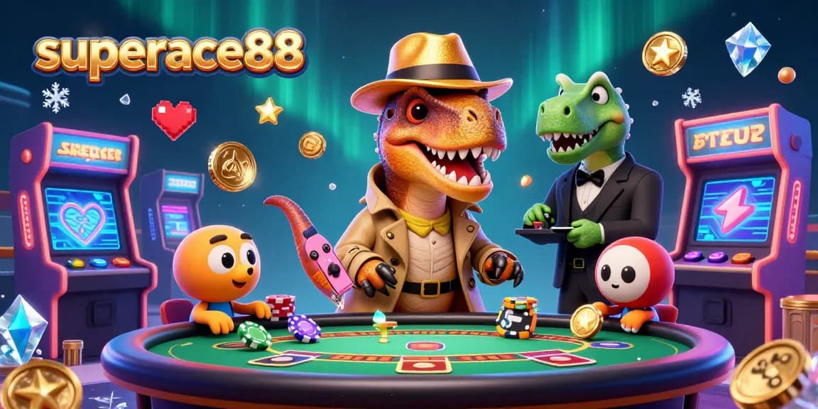 Experience exciting gameplay at superace88 with a cartoon velociraptor, stegosaurus, and compy in a dynamic casino setting.
