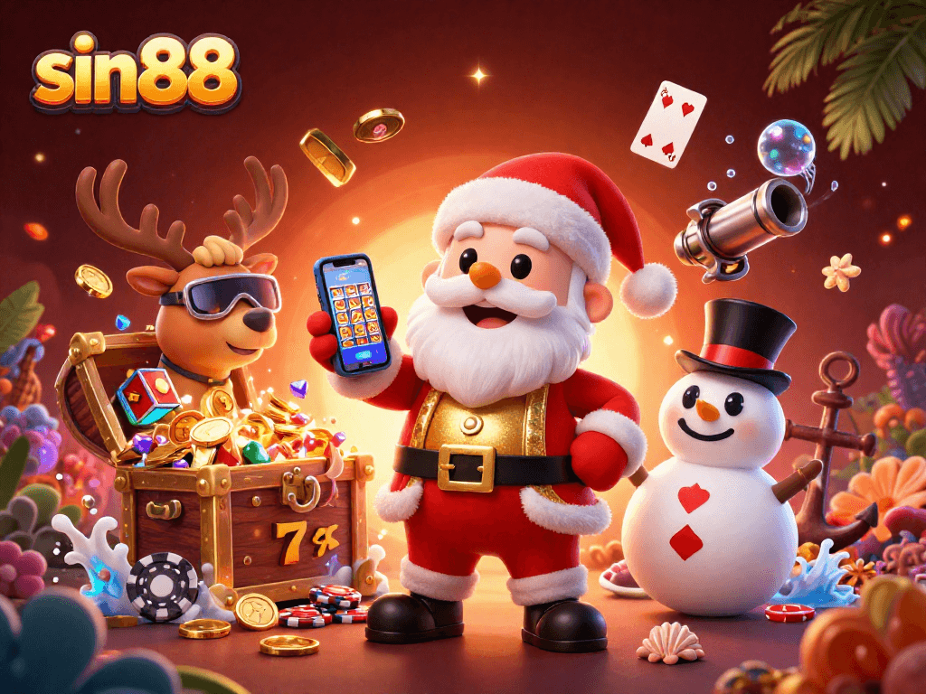 Experience exciting slots with sin88's Santa Claus and friends amidst festive treasures.