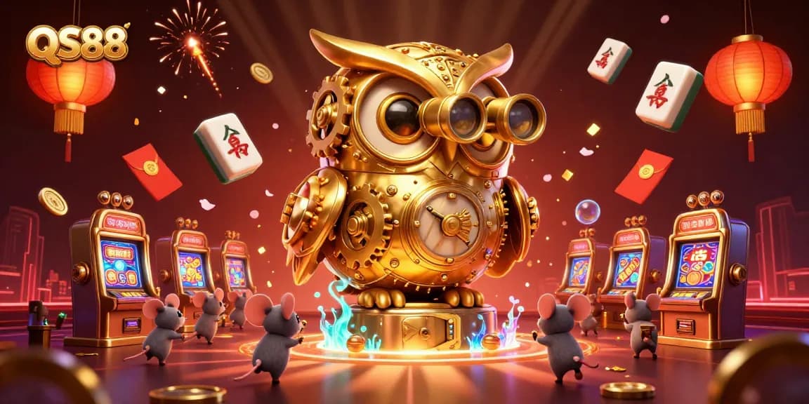 Experience the excitement of QS88 with a golden owl scanning the casino floor surrounded by lively gaming elements.