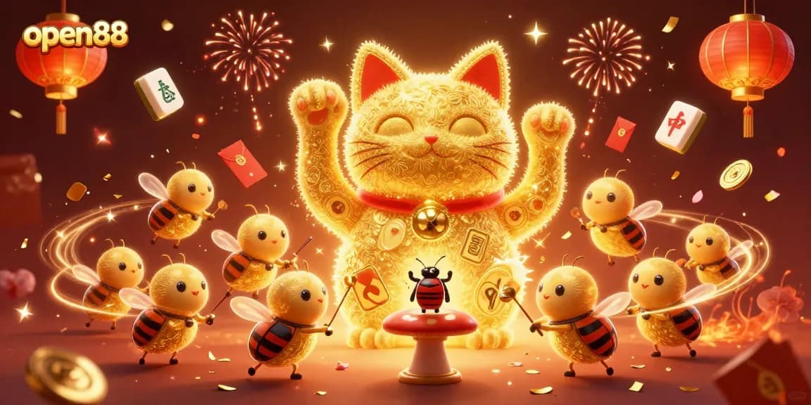 Experience the excitement of open88 with a vibrant casino-themed illustration featuring lucky symbols and festive elements.