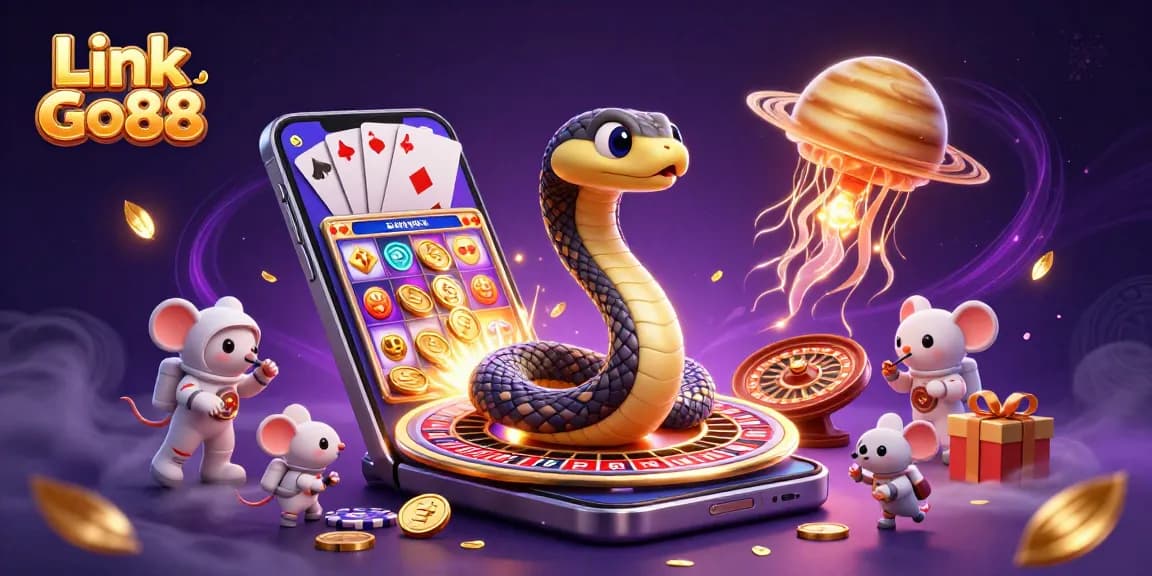 Experience the fun of Link Go88 with a vibrant, 3D cosmic casino scene featuring engaging game elements.