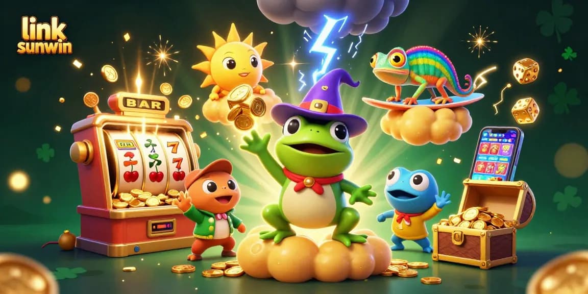 Win big with the link sunwin, showcasing vibrant casino elements and exciting gaming action.