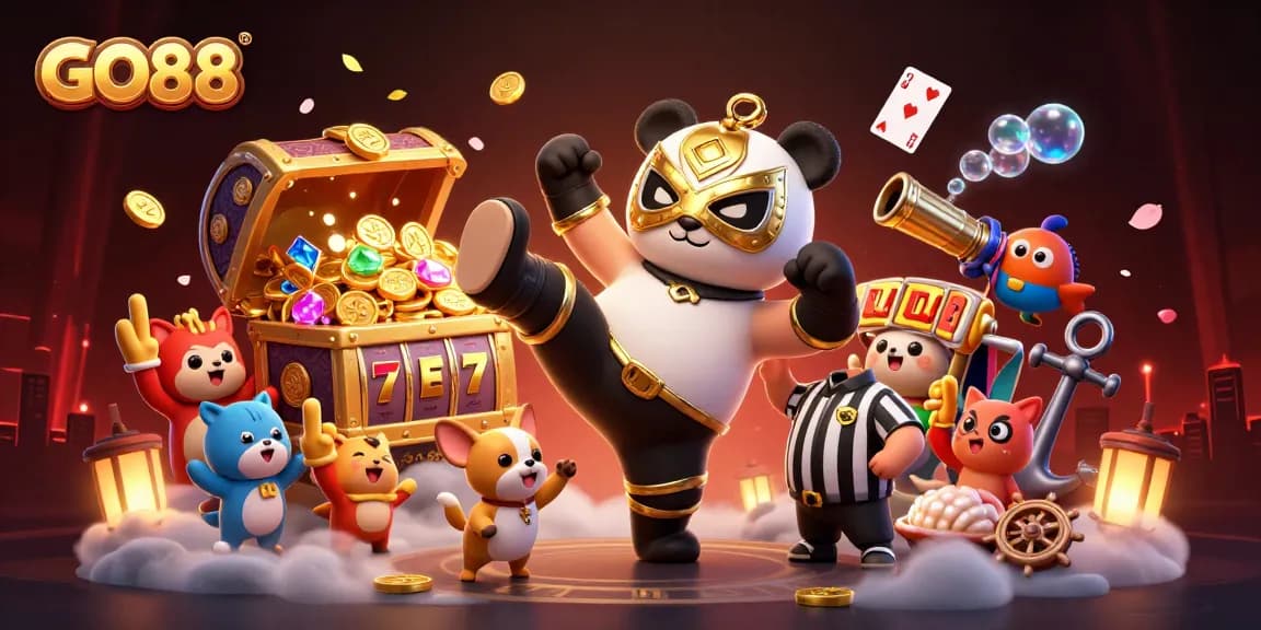 GO88's exciting atmosphere features a wrestler panda and animal fans enjoying slot games with vibrant elements.