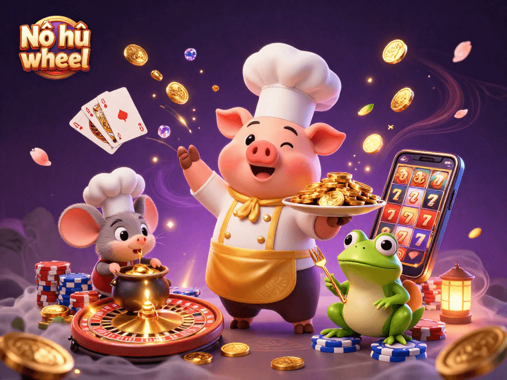 Nổ hũ wheel offers thrilling spins with golden coins cascading, showcasing a vibrant casino illustration.