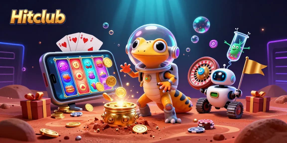 Hitclub features a Martian gecko discovering a golden casino amidst vibrant casino elements and gaming excitement.
