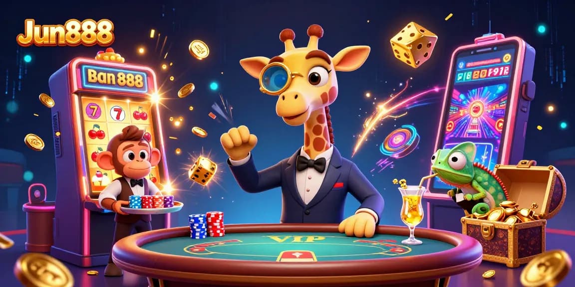 Experience the thrilling world of Jun888 with a high-roller giraffe at a VIP poker table amidst dynamic casino elements.