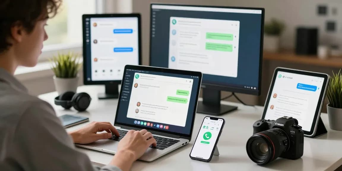 Seamless WhatsApp下載 experience in a modern tech workspace with active messaging.