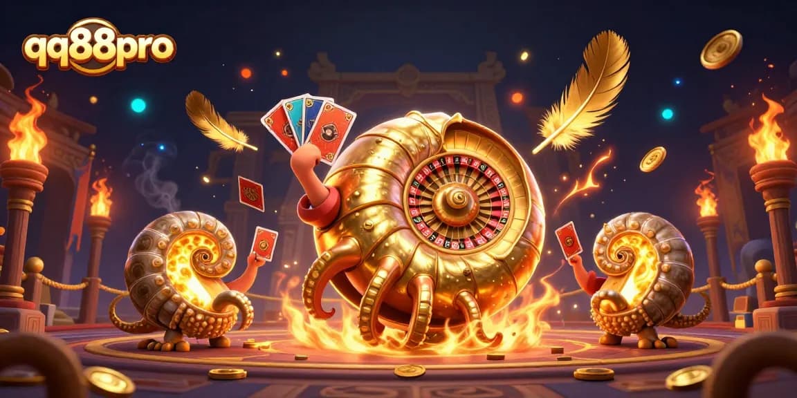 Join in the excitement at qq88pro, featuring a dynamic casino scene with a giant nautilus and thrilling cards.