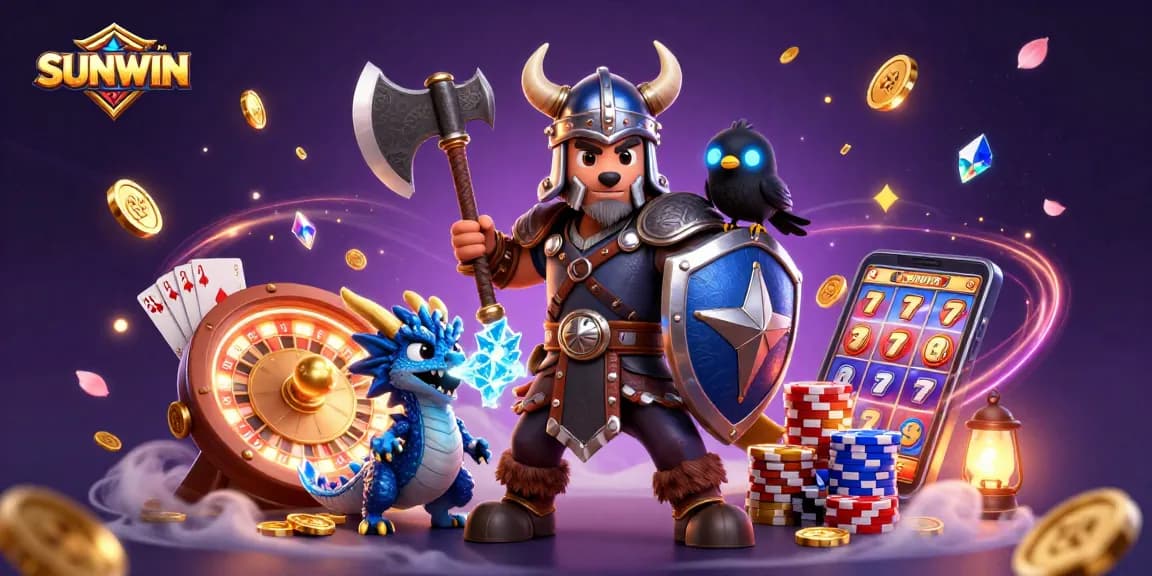 SUNWIN casino adventure with a Viking wolf warrior, fierce dragon, and glimmering game elements.