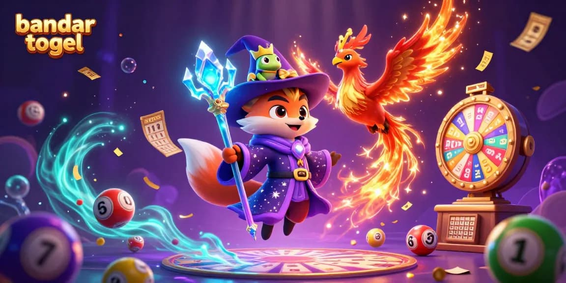 Engaging fanfare of bandar togel magic with wizards, phoenix, and lottery excitement.