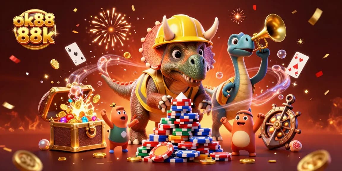 Experience the thrill of ok88 88k with vibrant casino elements and playful characters celebrating together