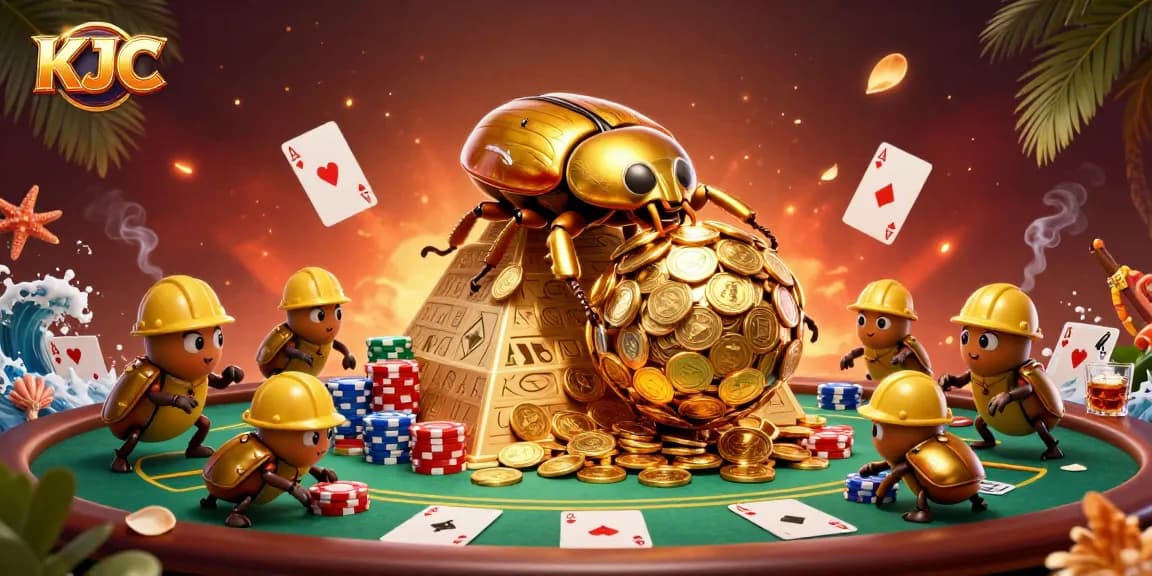 KJC brings thrilling casino excitement with golden coins and poker action in vibrant illustration.