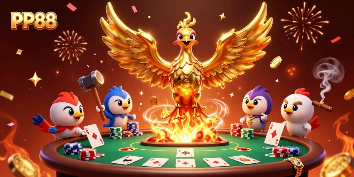 PP88 casino experience with a golden phoenix among poker elements and vibrant celebration effects.