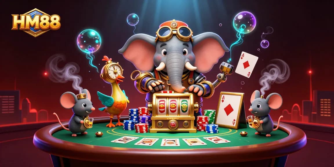 Experience thrilling gameplay at HM88 with a steampunk elephant engineer and vibrant casino elements.
