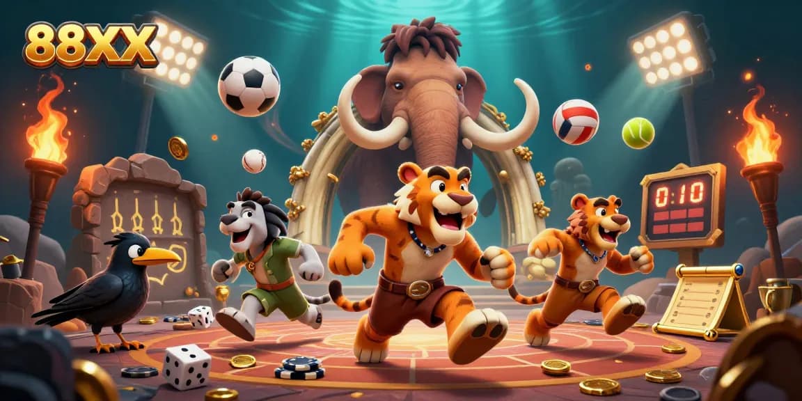 Spin the reels at 88XX with vibrant casino characters in an action-packed atmosphere.