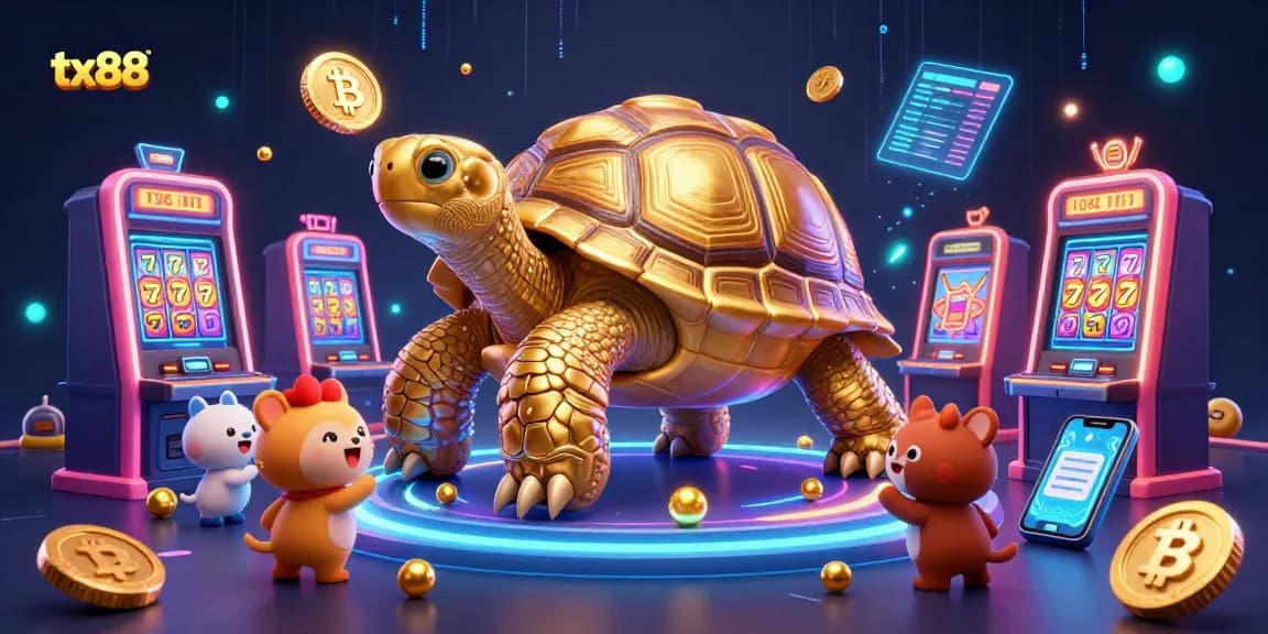 Experience the thrill of tx88 gaming with a lively tortoise arcade, vibrant slot machines and crypto elements.
