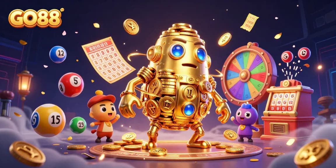 Experience the thrill of GO88 with colorful lottery balls and a golden golem amidst vibrant casino elements!