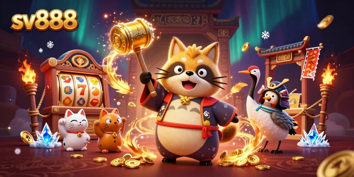 Take a chance with sv888 in this vibrant casino scene showcasing a cheerful tanuki and lucky elements.