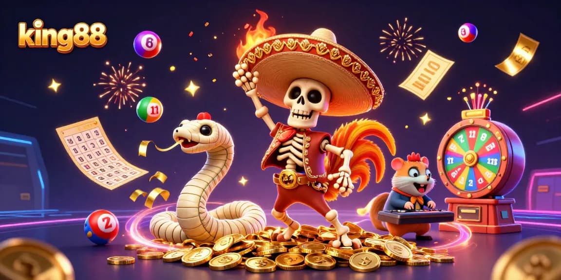 Join the winning excitement at king88 with a captivating scene of a lively mariachi rooster and his gaming pals!
