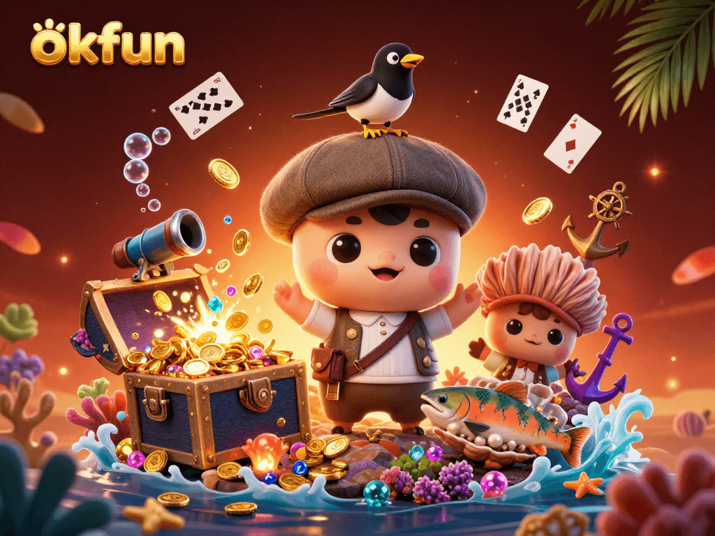 Join the fun at okfun with a playful creature and treasure in a vibrant online casino scene.