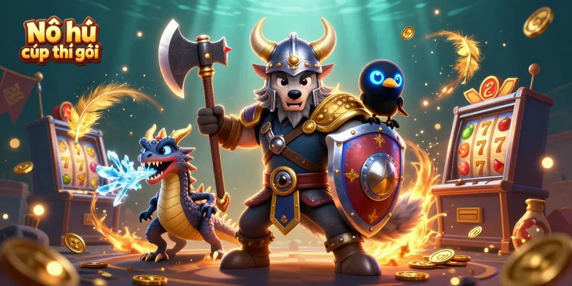 Engage with Nổ hũ cúp thế giới showcasing a Viking warrior, dragon, and raven in a dynamic casino setting.