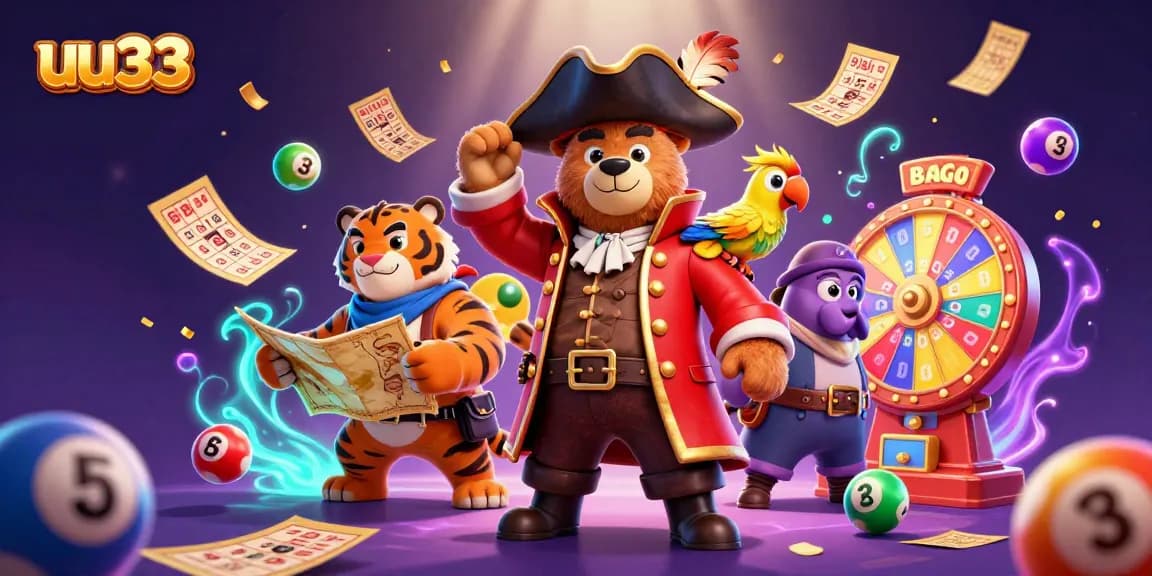 Join the adventure at uu33 with a vibrant pirate-themed lottery illustration full of dynamic gaming elements.