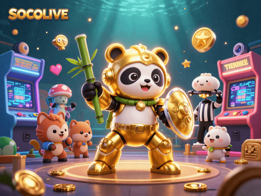 SOCOLIVE showcases an energetic scene with a golden panda in mech-suit at an arcade casino, battling amidst vibrant gaming elements.