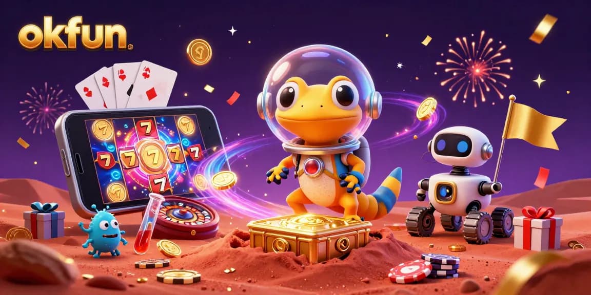 Spin colorful slot games with okfun's Martian gecko in a vibrant 3D casino scene.