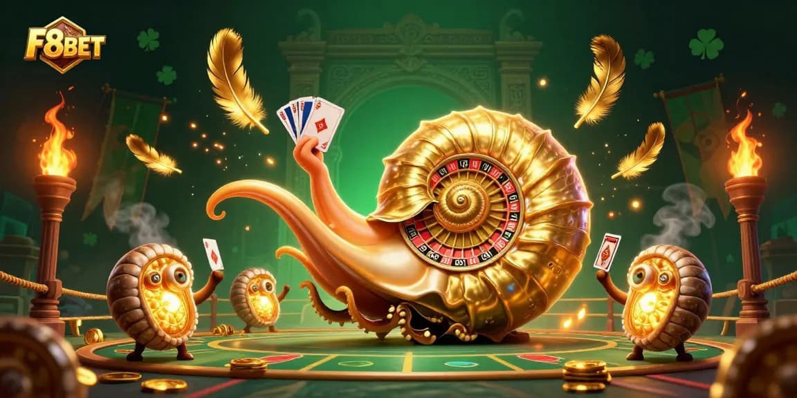 Win big at F8BET with a vibrant nautilus roulette wheel surrounded by glowing treasures.