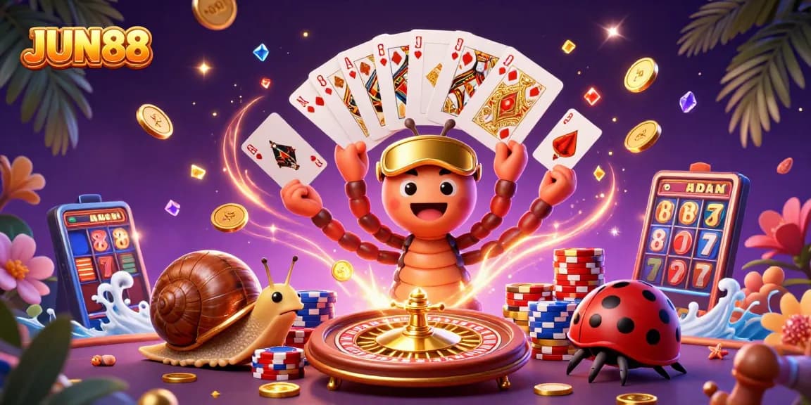 Experience the excitement of JUN88 with colorful casino elements and engaging characters.