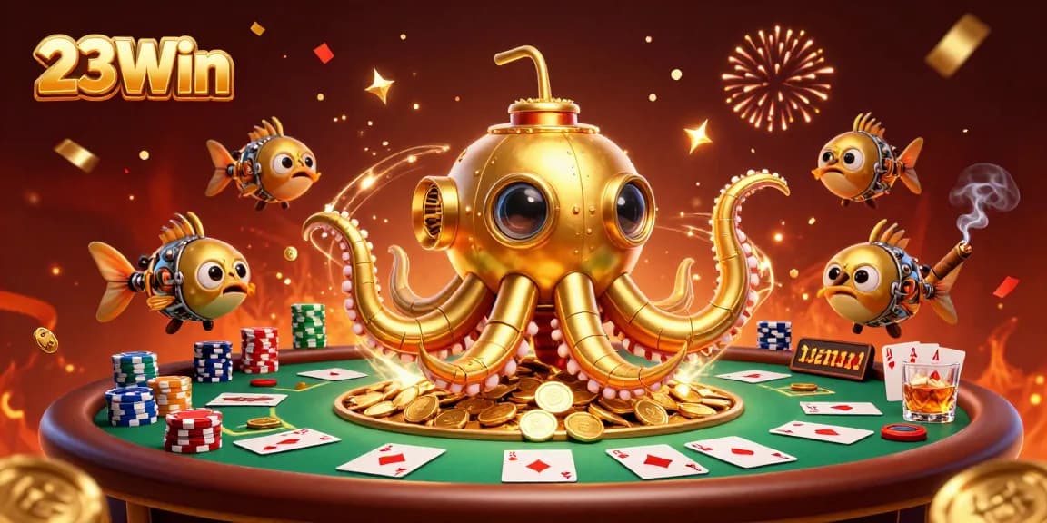 Experience thrilling poker at 23Win with a golden kraken submarine surrounded by vibrant game elements.