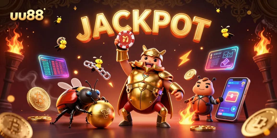 Win big with uu88 in this vibrant 3D casino scene featuring golden beetles and glowing crypto coins.