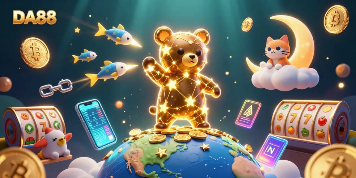 Experience thrilling rewards with DA88 as the constellation bear scoops coins amidst vibrant casino symbols.