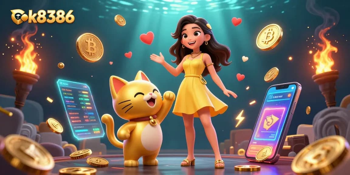 Engage in winning strategies with ok8386 as a beautiful woman interacts with a lucky cat amidst vibrant casino elements.