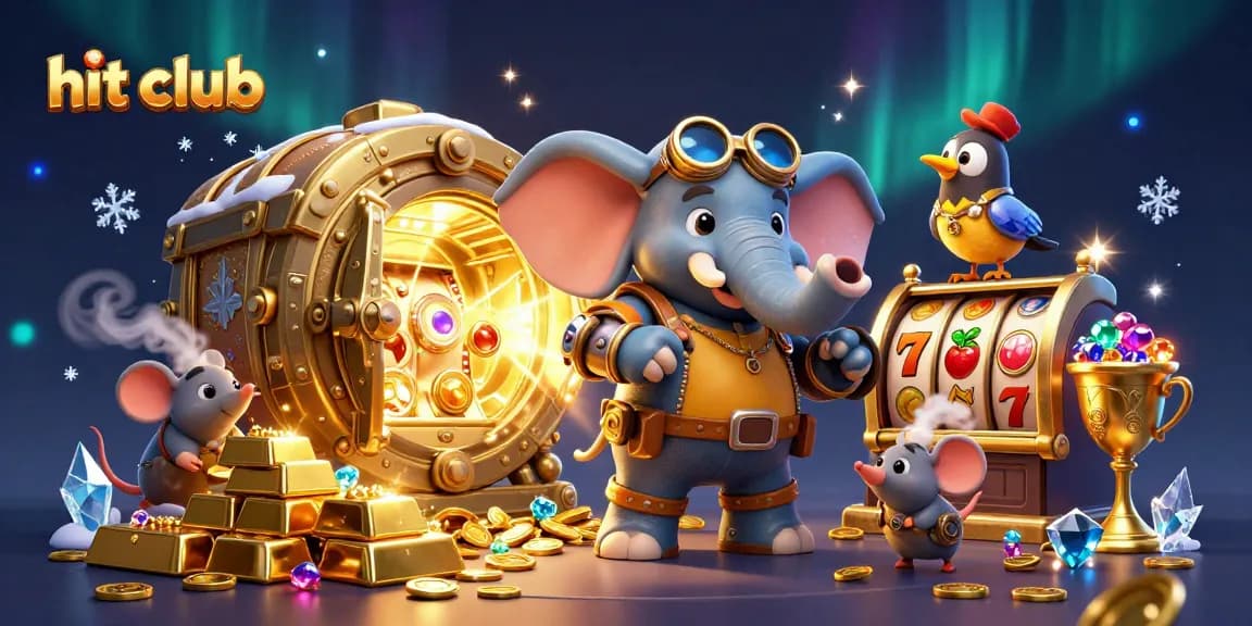 Engage in thrilling gaming at hit club with a steampunk elephant spinning a golden slot machine.