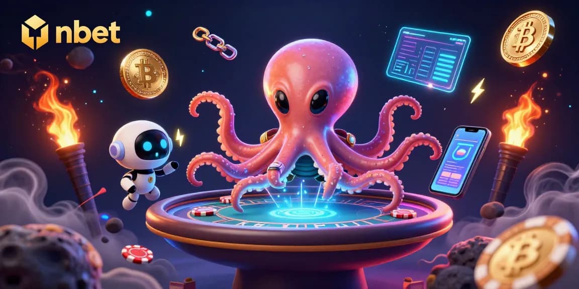 Engage in nbet action in a vibrant 3D alien casino scene with poker elements and crypto tokens.