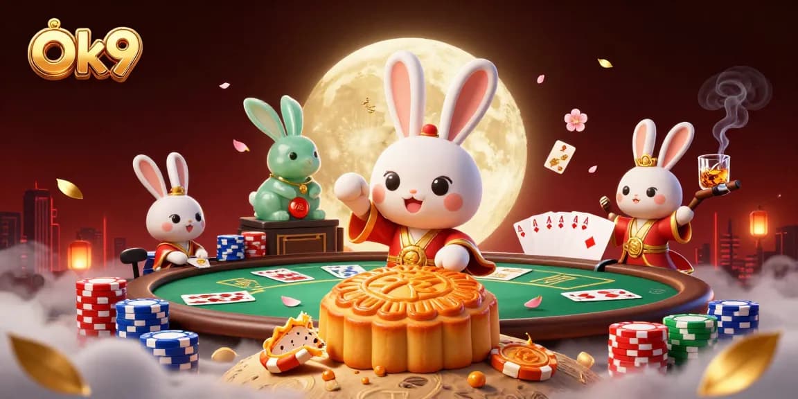 Experience the excitement of Ok9 with a moon rabbit playing poker among vibrant casino elements.
