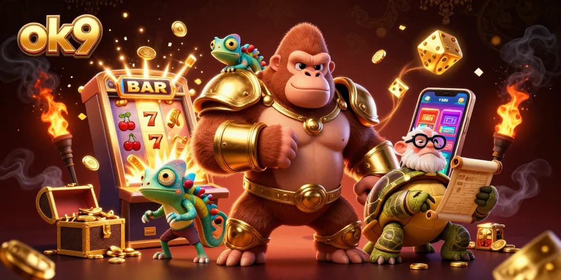 Spin the reels at OK9 with a fantastic 3D gambling scene showcasing fun characters and thrilling jackpots.
